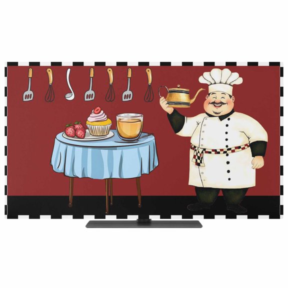 Chef TV Dust Cover,Stretchable TV Screen Desktop Computer Protector Cover,Cartoon Red Food Cooking Black White Buffalo Check Television Dustproof Slipcover for 19–24 Inch Flat or Curved TVs