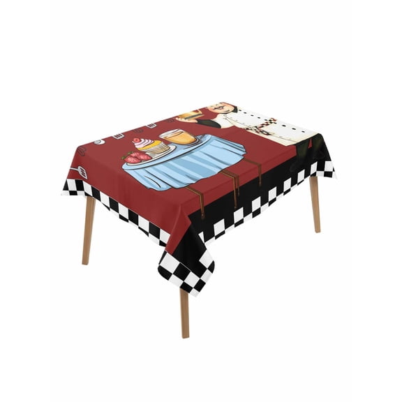 Chef Table Cloth, Cartoon Red Food Cooking Black White Buffalo Check Waterproof Tablecloth for Rectangle Tables, Reusable Washable Fabric Table Cover for Restaurant Kitchen Dining Tables 52"x70"