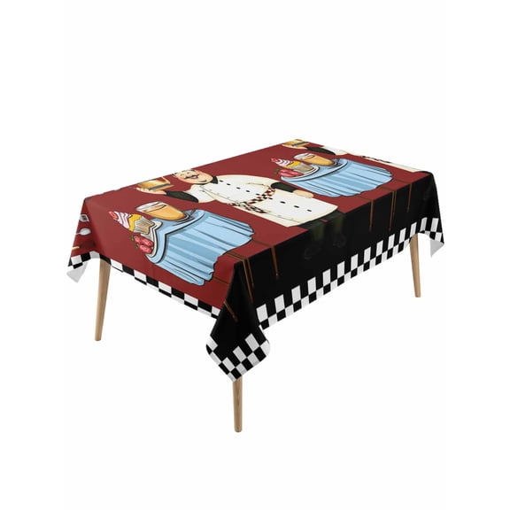 Chef Table Cloth, Cartoon Red Food Cooking Black White Buffalo Check Waterproof Tablecloth for Rectangle Tables, Reusable Washable Fabric Table Cover for Restaurant Kitchen Dining Tables 60"x120"