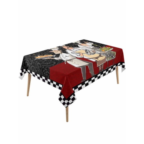 Chef Table Cloth, Waterproof Tablecloth for Rectangle Tables, Cartoon Cute Watercolor Cooking Black Plaid Reusable Washable Fabric Table Cover for Restaurant Kitchen Dining Tables 60"x120"