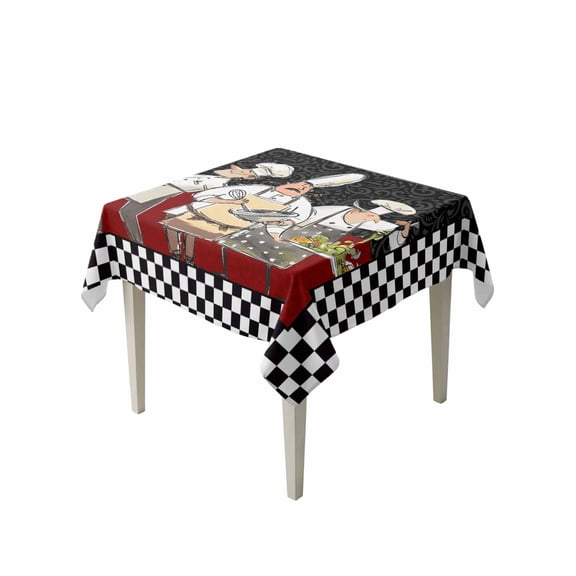 Chef Table Cloth, Waterproof Tablecloth for Square Tables, Cartoon Cute Watercolor Cooking Black Plaid Reusable Washable Fabric Table Cover for Restaurant Kitchen Dining Tables 60"x60"