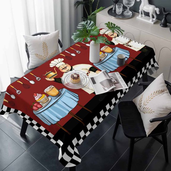 Chef Table Cloth Waterproof Tablecloths, Cartoon Red Food Cooking Black White Buffalo Check Tablecloth Dining Table Cover for Kitchen Party Tabletop Outdoor, Rectangle Tablecloth 60x120 Inch