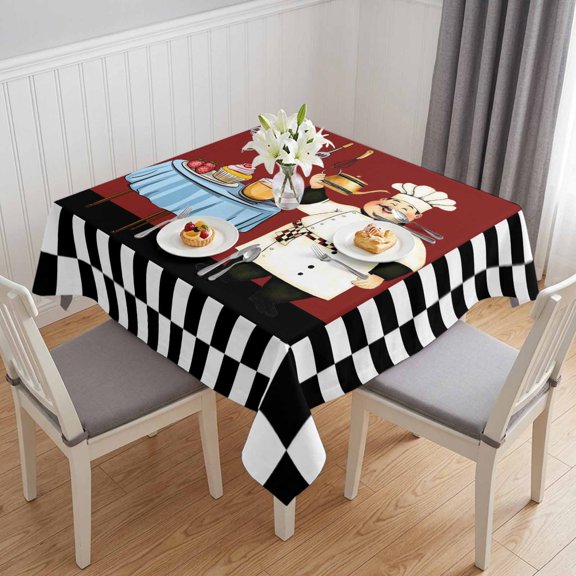 Chef Table Cloth Waterproof Tablecloths, Cartoon Red Food Cooking Black White Buffalo Check Tablecloth Dining Table Cover for Kitchen Party Tabletop Outdoor, Square Tablecloth 54x54 Inch