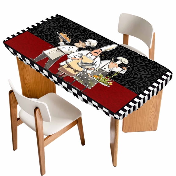 Chef Table Cloths for 4 Foot Rectangle Tables, Cartoon Cute Watercolor Cooking Black Plaid Patio Waterproof Elastic Fitted Tablecloths, Washable Rectangular Table Cover for Camping