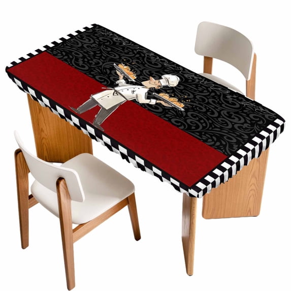 Chef Table Cloths for 4 Foot Rectangle Tables, Cartoon Cute Watercolor Cooking Red Black Patio Waterproof Elastic Fitted Tablecloths, Washable Rectangular Table Cover for Camping