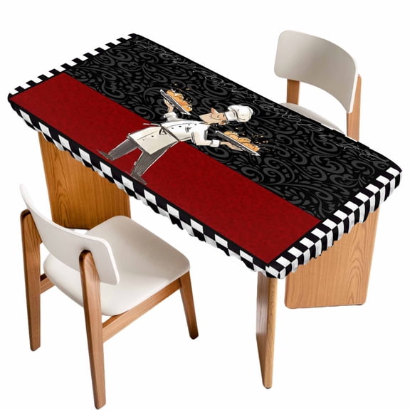 Chef Table Cloths for 4 Foot Rectangle Tables, Cartoon Cute Watercolor Cooking Red Black Patio Waterproof Elastic Fitted Tablecloths, Washable Rectangular Table Cover for Camping