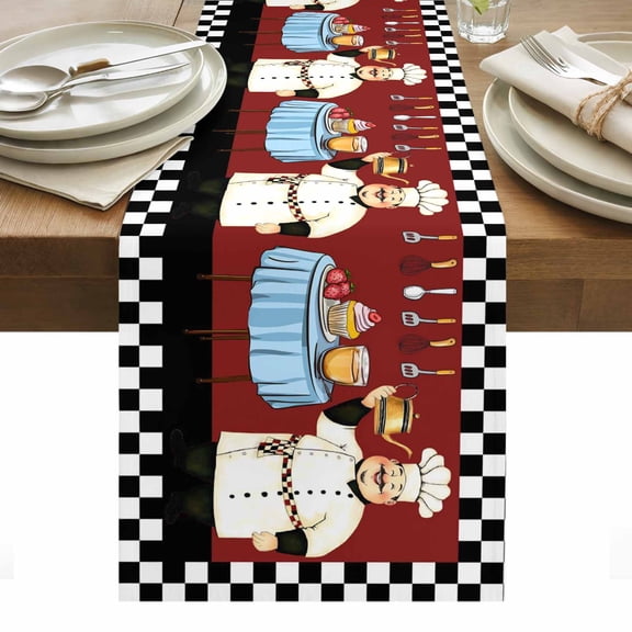 Chef Table Runner - 36 Inch Long, Kitchen Dining Table Runner Dresser Scarves, Cartoon Red Food Cooking Black White Buffalo Check Farmhouse Decor for Coffee Tables Wedding Party Banquet