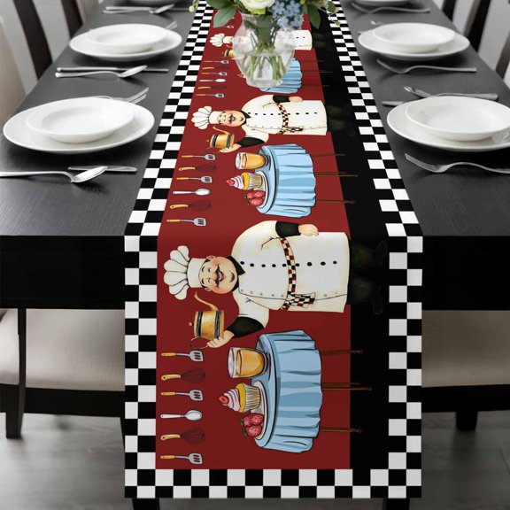 Chef Table Runner 36 Inches Long, Cartoon Red Food Cooking Black White Buffalo Check Kitchen Coffee Dining Table Decoration for Home Party Birthday Wedding Home Decor 13x36 Inches