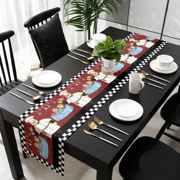 Chef Table Runner 36 Inches Small,Cartoon Red Food Cooking Black White Buffalo Check Kitchen Dining Burlap Linen Tablerunner for Small/Round/Square/Wedding/Coffee/Dining Table Party Décor 13 x 36