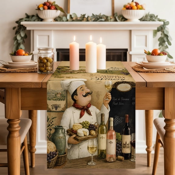 Chef Table Runner, Wine Bottles Grapes Cheese Rustic Farmhouse Washable Cotton-linen Table Runners Dining Kitchen Decoration for Everyday Home Wedding Party Decor, 18 x72 Inch