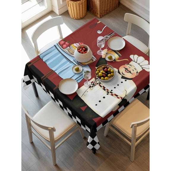 Chef Tablecloth Square Table Cloth 54x54, Waterproof Tablecloth Outdoor Table Cloth, Cartoon Red Food Cooking Black White Buffalo Check Washable Table Cover for Kitchen Dinning Party