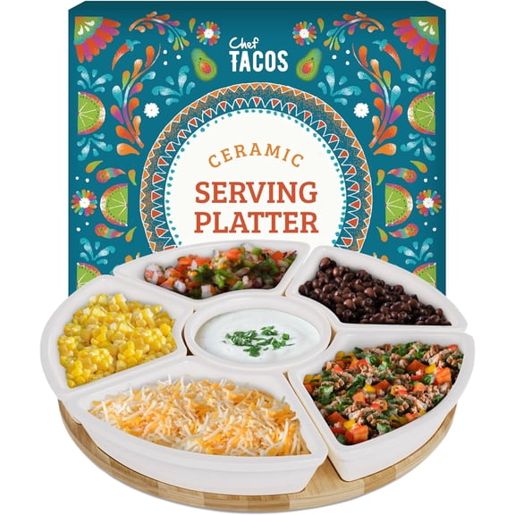 Chef Tacos Ceramic Taco Serving Platter - Divided Serving Tray for Taco Tuesday