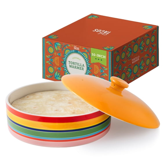 Chef Tacos Ceramic Tortilla Warmer with Lid, Colorful Tortilla Holder, Rainbow Tortilla Storage Container, Ceramic Tortilla Holder with Lid, Container for Roti, Pancakes (10-Inch, 25.4 cm)