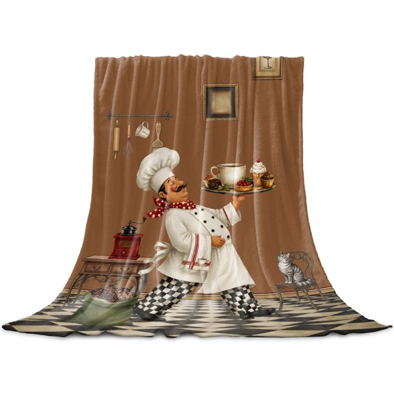Chef Throw Blanket for Couch, Soft Lightweight Flannel Fleece Blanket, Brown Funny Cook Farmhouse Black White Plaid Microfiber Plush All Season Decorative Blankets for Sofa Office Travel 40"x50"