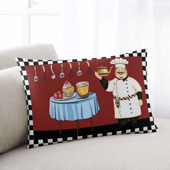Chef Throw Pillow Covers, Cartoon Red Food Cooking Black White Buffalo Check Soft Breathable Pillow Cases with Invisible Zipper for Sleeping, Toddler Pillowcases for Couch Bed Sofa Chair 12x20 Inches