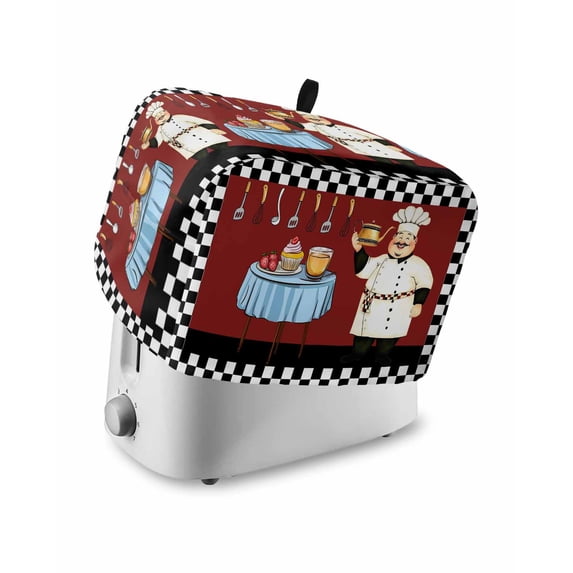Chef Toaster Cover 2 Slice, Small Kitchen Appliance Covers, Cartoon Red Food Cooking Black White Buffalo Check Toaster Oven Cover with Loop, Bread Machine Cover Polyester Dust Cover Protection