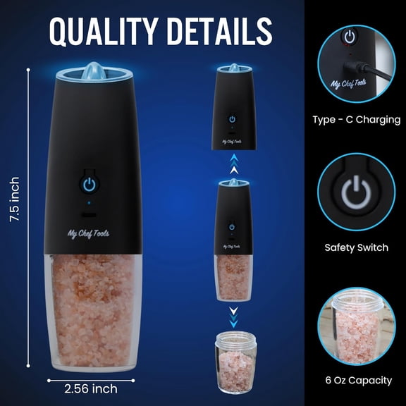 My Chef Tools - Electric Salt and Pepper Grinder Set - Rechargeable Automatic Salt Pepper Mill - USB C Charging - LED Light Illumination - Adjustable Coarseness - 2 Pack Black