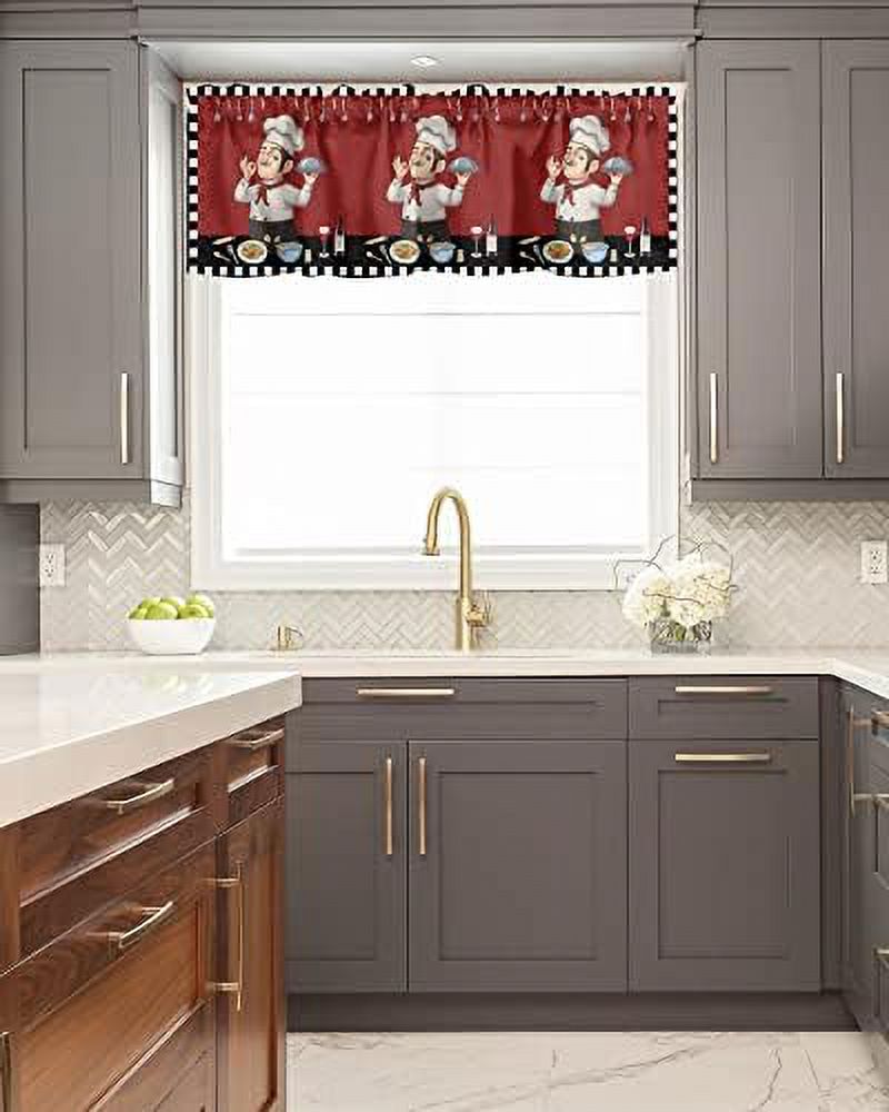 Chef Valance Curtain for Window Kitchen Utensil Food Tableware Rod