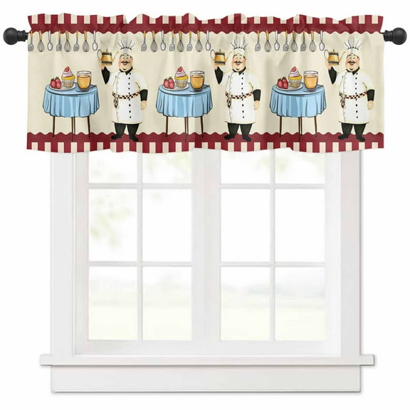 Chef Valances for Windows Farmhouse Kitchen Curtains Valances Rod Pocket Valance Curtains for Kitchen Windows Red Fruit Cake Hat Kitchen Gourmet Vintage Window Valances for Bathroom Bedroom 42"x18"