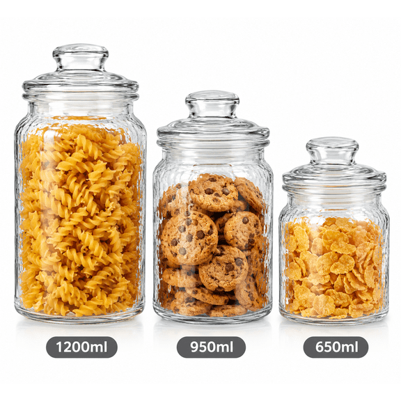 Chef Valley Glass Storage Jars with Lids, 3-Piece Set, 1200 mL, 950 mL & 650 mL, Clear