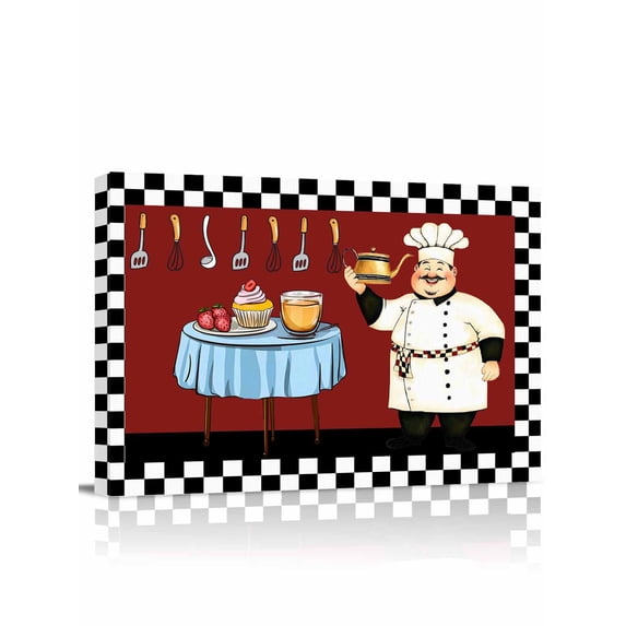 Chef Wall Art for Living Room,Canvas Picture Wall Decor for Bathroom Bedroom,Cartoon Red Food Cooking Black White Buffalo Check Painting Artwork for Office Kitchen Hallway Dining Room Decor 20"x24"