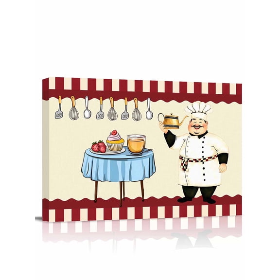 Chef Wall Art for Living Room,Canvas Picture Wall Decor for Bathroom Bedroom,Red Fruit Cake Hat Kitchen Gourmet Vintage Painting Artwork for Office Kitchen Hallway Dining Room Home Decor 12"x16"