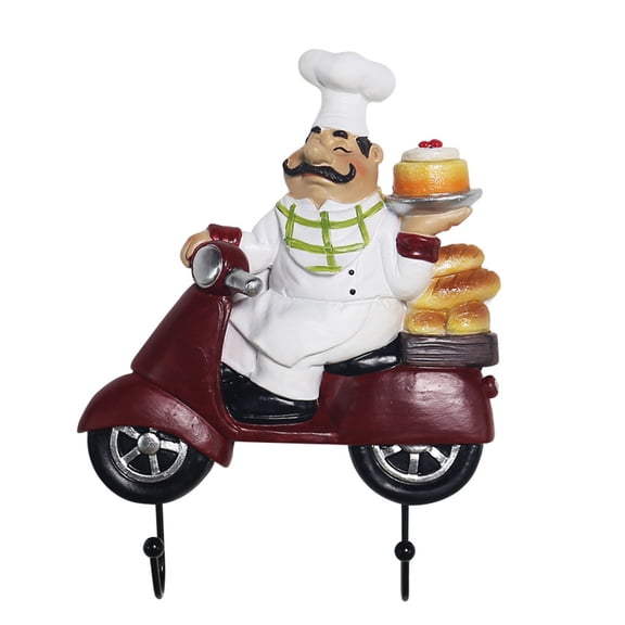 Chef Wall Hook, Decorative Resin Chef Wall Decor with 2 Metal Hooks, Funny Chef on Scooter Wall Mount Rack Hook for Kitchen, Coffee Bar, Bakery, Restaurant, Cafe, Entryway, Farmhouse Home Decor
