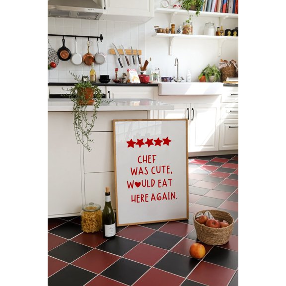 Chef Was Cute Poster, Red Hand Drawn Kitchen Wall Art With Minimal Style