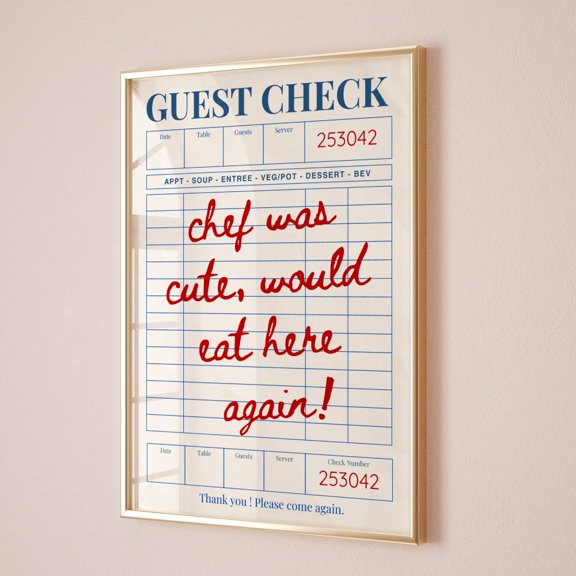 Chef Was Cute Would Eat Here Again Guest Check Print Trendy Kitchen Art Minimal Kitchen Poster Chef Art Print Restaurant Art Gift Idea