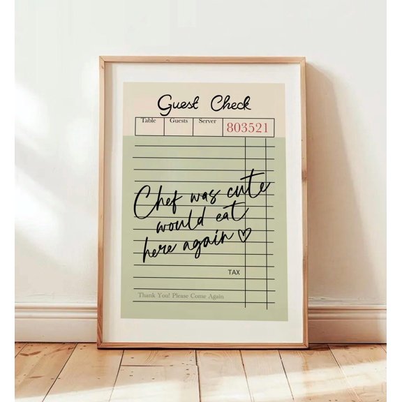 Chef Was Cute Would Eat Here Again Print, Trendy Guest Check Poster, Sage Green Retro Kitchen Decor Unframed Paper Print