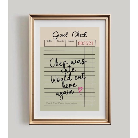Chef Was Cute Would Eat Here Again Print, Trendy Guest Check Wall Art, Retro Kitchen Decor Funky Quote, Unframed Paper Poster 8x10in