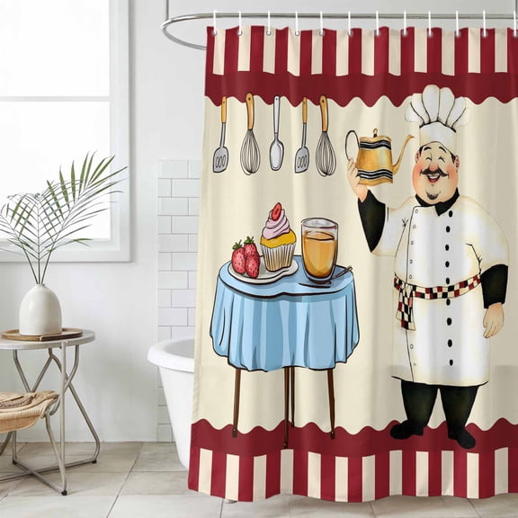 Chef Waterproof Fabric Shower Curtain,Red Fruit Cake Hat Kitchen Gourmet Vintage Waterproof Fabric Shower Curtain for Bathroom Curtains Bathtubs Hotel Shower Curtains with 12 Hooks Stall 48x72in