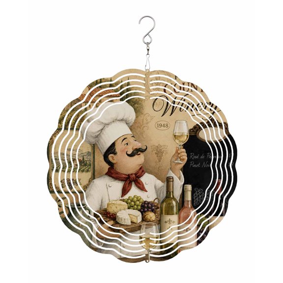 Chef Wind Spinner for Garden Yard 8In, Wine Bottles Grapes Cheese Rustic Farmhouse 3D Stainless Steel Kinetic Hanging Wind Spinners Rustproof Outdoor Decor for Lawn Patio Home