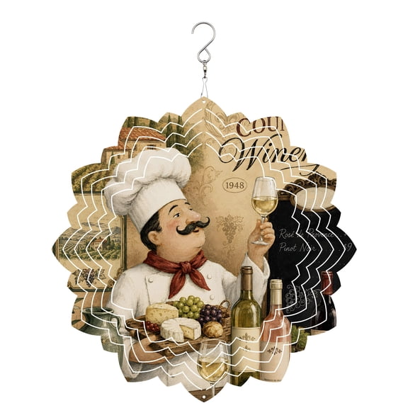 Chef Wind Spinner for Garden Yard 8In, Wine Bottles Grapes Cheese Rustic Farmhouse 3D Stainless Steel Kinetic Hanging Wind Spinners Rustproof Outdoor Decor for Lawn Patio Home