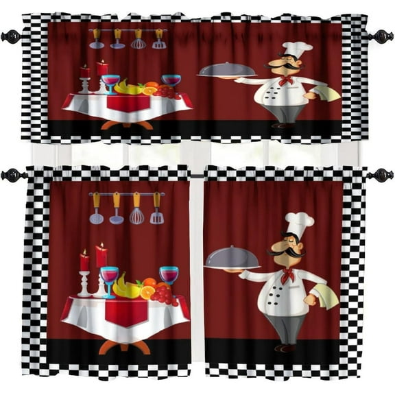 Chef Window Curtain Valances,Fat Chef Cook Theme Vintage Black And White Buffalo Check Printed Small Window Treatments For Kitchen Living Room Decor Rod Pocket Valances 54x18 & 27x24x2, 3 Panel