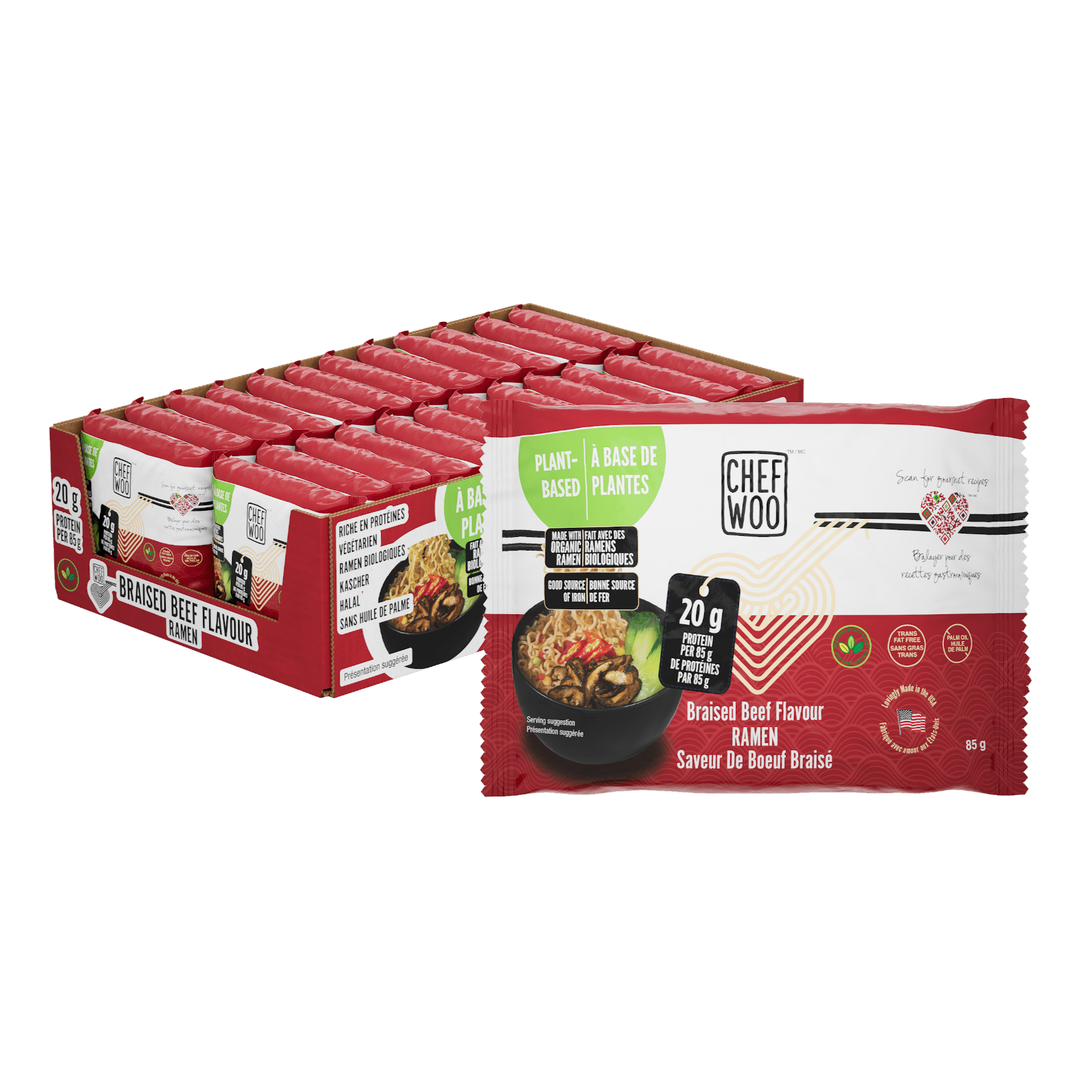 Chef Woo 100 PlantBased Braised Beef Flavored Ramen Noodles, 24 Pack