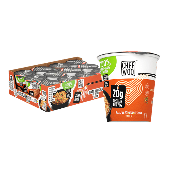 Chef Woo Roasted Chicken Ramen Cup High Protein Noodles (12 Pack), 20g of Animal-free, Bioavailable Protein