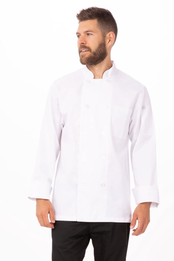 Le Mans Men’s Chef Coat, Long Sleeve Chef Jacket with Thermometer Pocket, Large, White