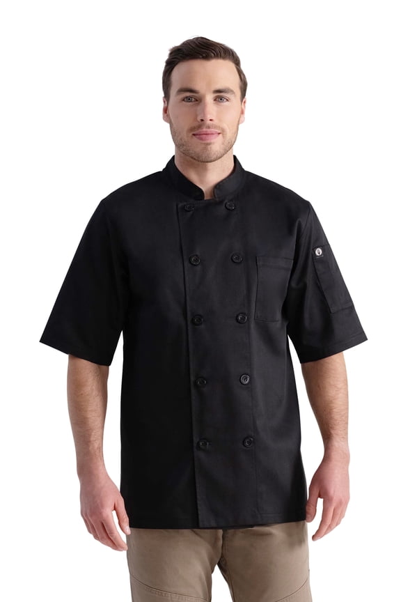 Men's Volnay Chef Coat, Black Poly Cotton Chef Jacket with Thermometer Pocket, Large