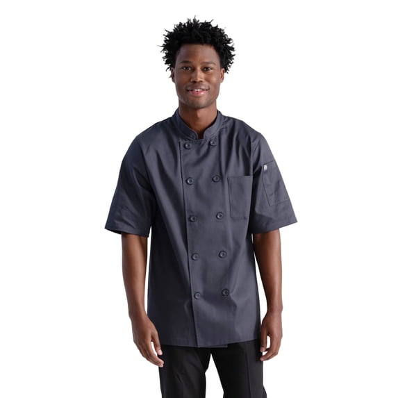 Chef Works Men's Volnay Chef Coat, Charcoal Poly Cotton Chef Jacket with Thermometer Pocket, Medium