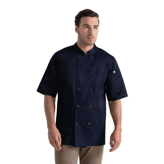 Chef Works Men's Volnay Chef Coat, Navy Poly Cotton Chef Jacket with Thermometer Pocket, Large