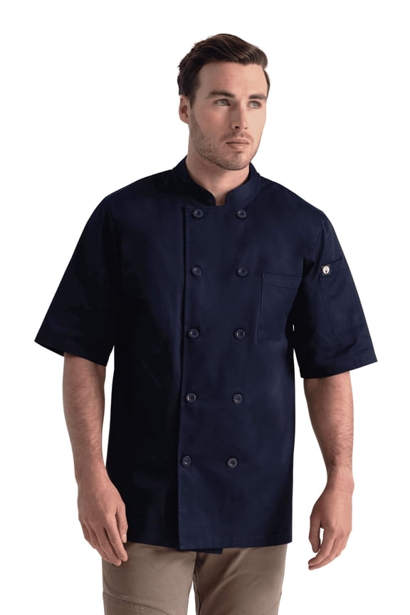 Men's Volnay Chef Coat, Navy Poly Cotton Chef Jacket with Thermometer Pocket, Medium