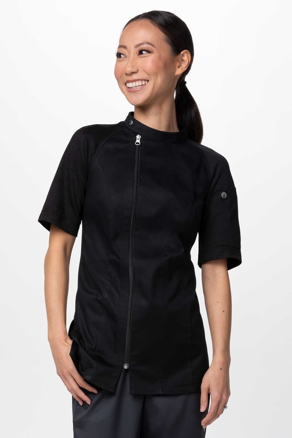 Varkala Women's Chef Coat, Cool Vent Zippered Chef Jacket with Pockets, Black, Small