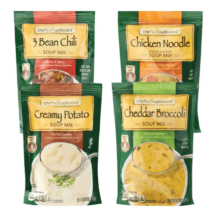 Chef's Cupboard Soup Mix, 8.8 oz ,3 Bean Chili, Rich & Creamy Potato, Cheddar Broccoli and Chicken Noodle ,4 Pack Variety