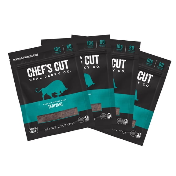 Chef's Cut Beef Jerky Meat, Teriyaki (2.5 Ounce Bags, Pack of 4) - High Protein, 10g Protein, 80 Calories, Gluten-Free, Premium Lean Smoked Beef, Keto Friendly Snack, Low Carb Snack