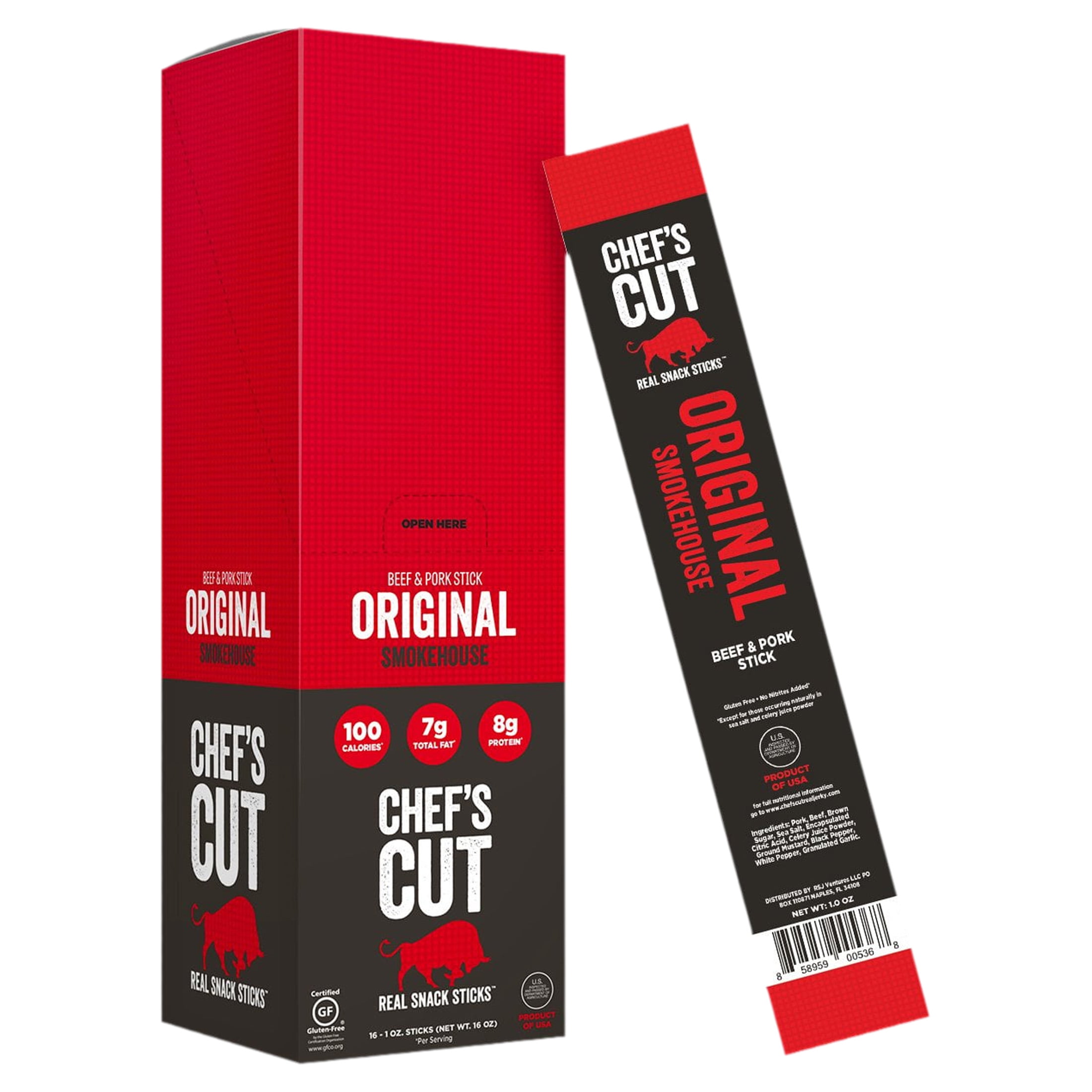 Chef's Cut Beef & DNF2&nbsp;Pork Snack Sticks, Original Smokehouse, High Protein Meat Snack, Individually Wrapped, 8g Protein and 100 Calories, Gluten Free - 1 Ounce (Pack of 16)