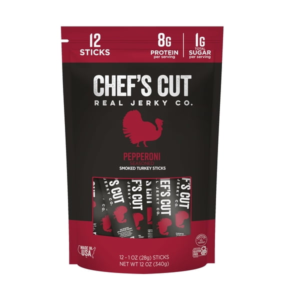 Chefs Cut Real Turkey Jerky | Smoked Turkey Meat Sticks | High Protein Snack with 8 g Protein & 100 Calories, Gluten Free, Keto-Friendly| Pepperoni | 1 oz Stick (12-Count Bag)