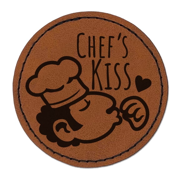 Chef's Kiss Compliment Cook Perfect Round Iron-On Engraved Faux Leather Patch Applique - 2.5 Inch - Brown