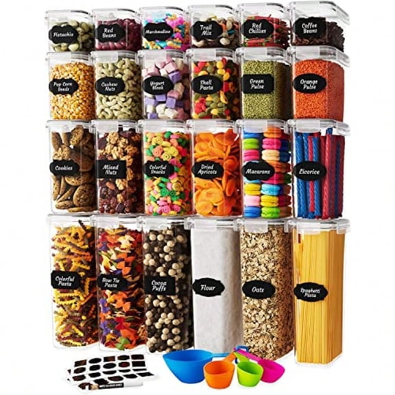 Chef's Path Airtight Food Storage Container Set - 24 Piece Kitchen Pantry Organization  Plastic Canisters with Durable Lids Ideal for Cereal Flour Sugar - Labels Marker Spoon Set