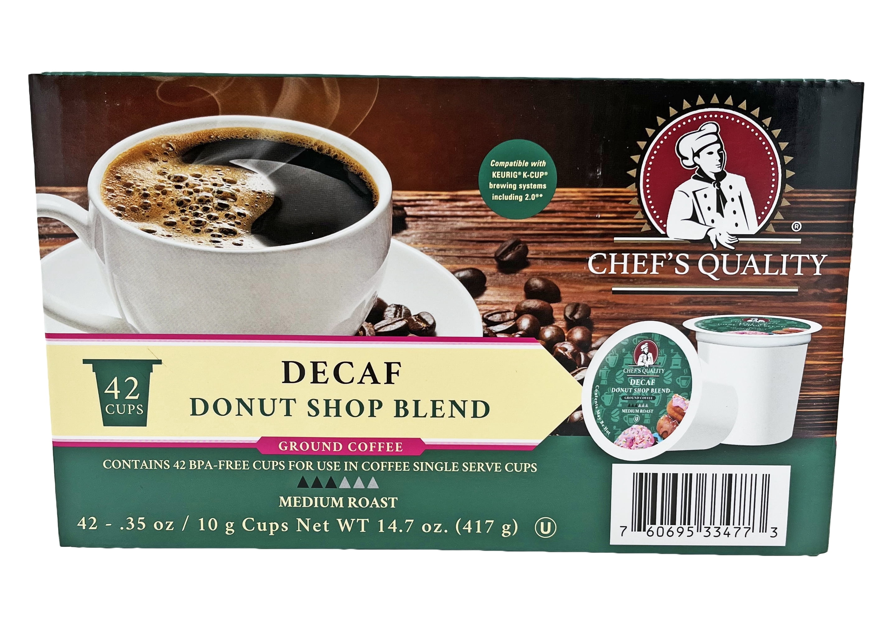 Chef's Quality Decaf Donut Shop Blend 0.35 oz. Single Serve Coffee Pods | Medium Roast | Kosher | 42 Count